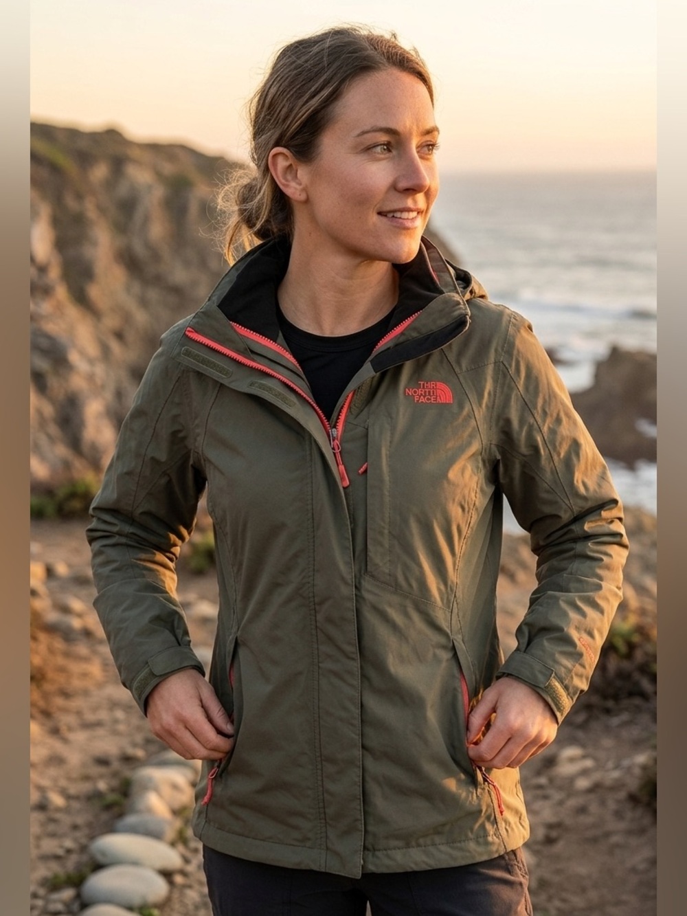 The North Face Hooded Jacket Olive Green Pink Trim Women’s Large